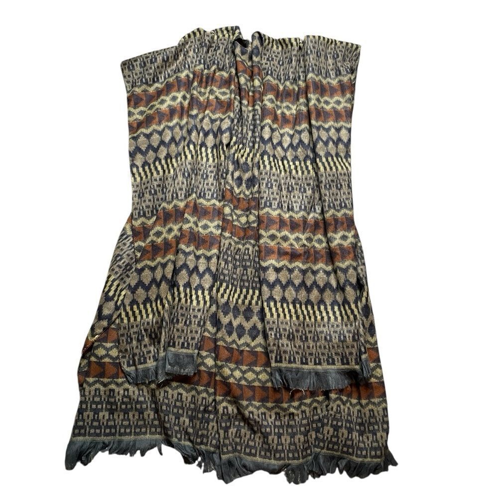 Geometric Patterned Fringe Blanket Shawl Black Orange Tan One Size